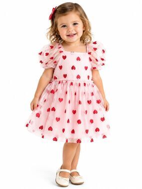 Young Hearts Pink Heart Tulle Puff Sleeve Dress Girls 2T Valentine’s